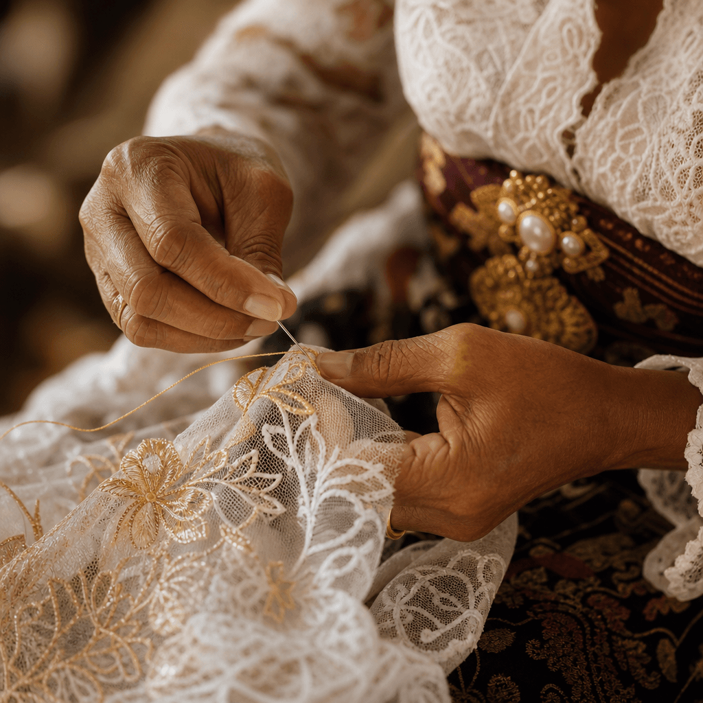 Tangan pengrajin melakukan bordir emas pada kain kebaya putih